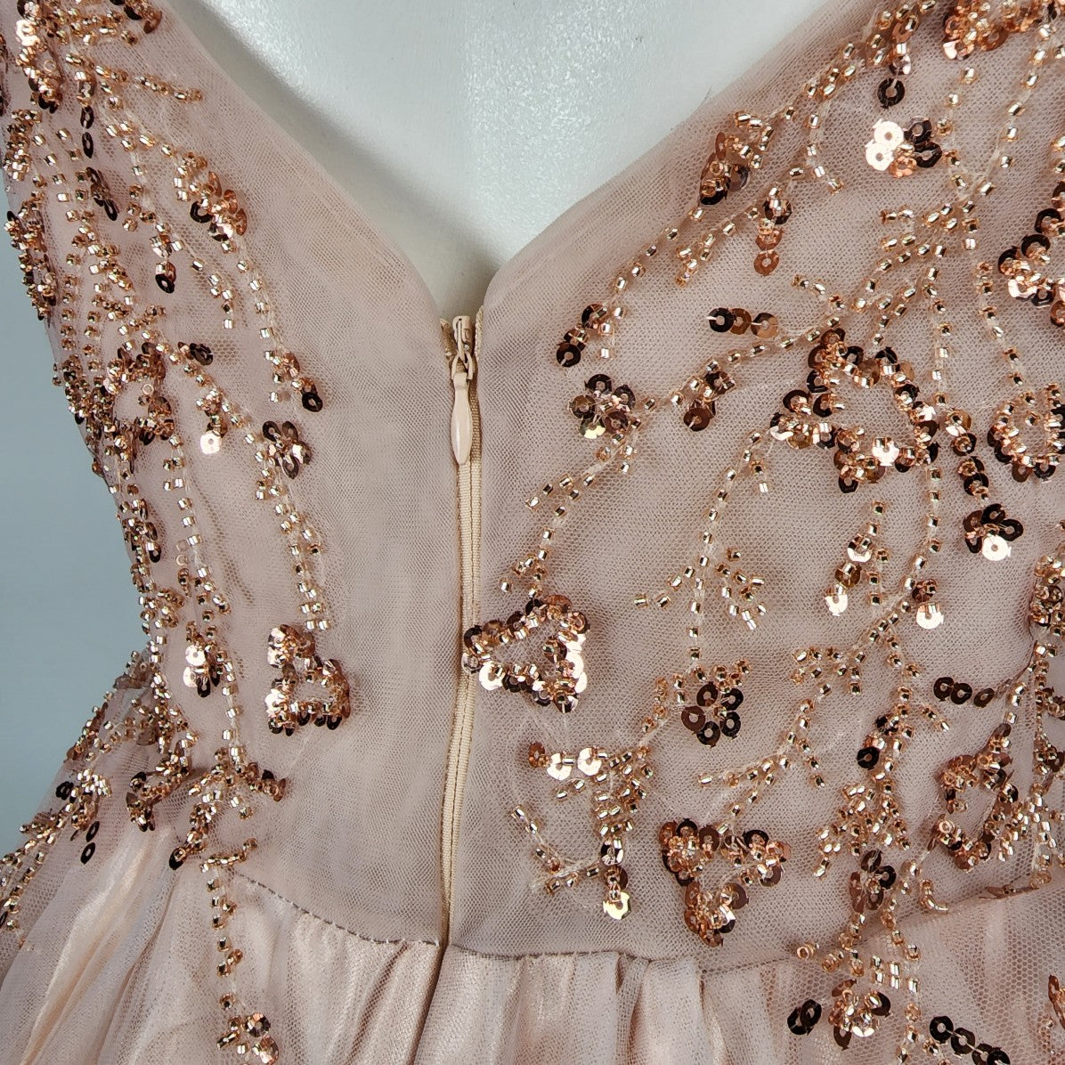 Rose Gold Blush Pink Tule Beaded Grad Gown Event Dress Size M
