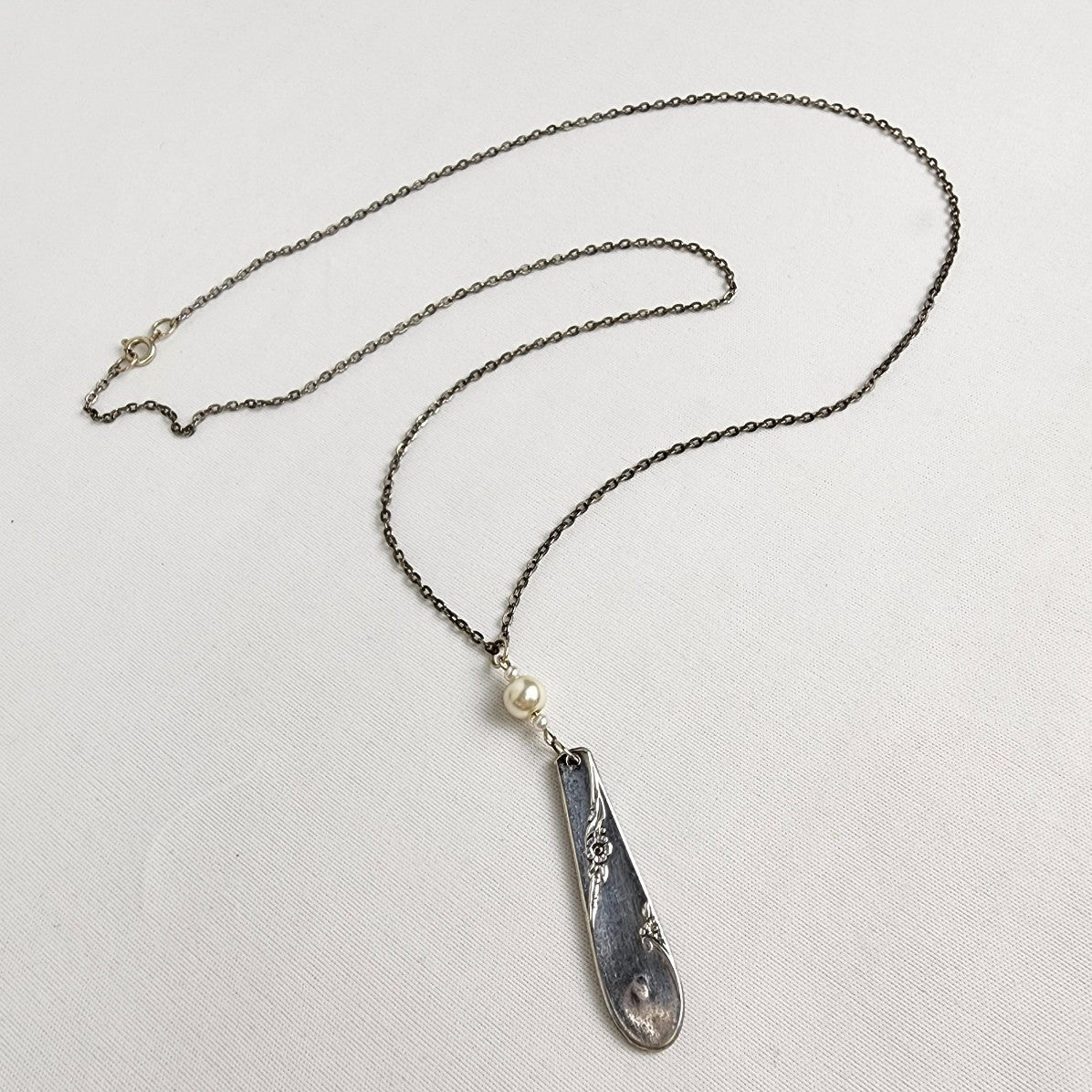 Handmade Silverware Faux Pearl Pendant Silver Chain Necklace