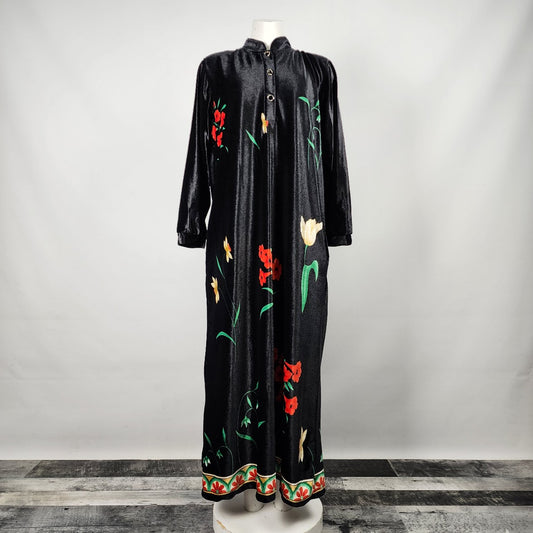 Vintage Miss Amigo Black Floral Velour Long Sleeve Dress Size L