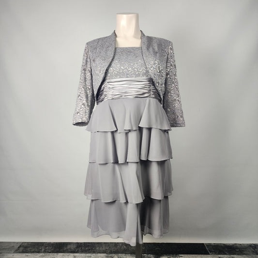 Laura Plus Grey Sequined Ruffle Tiered Dress & Jacket Size 18W