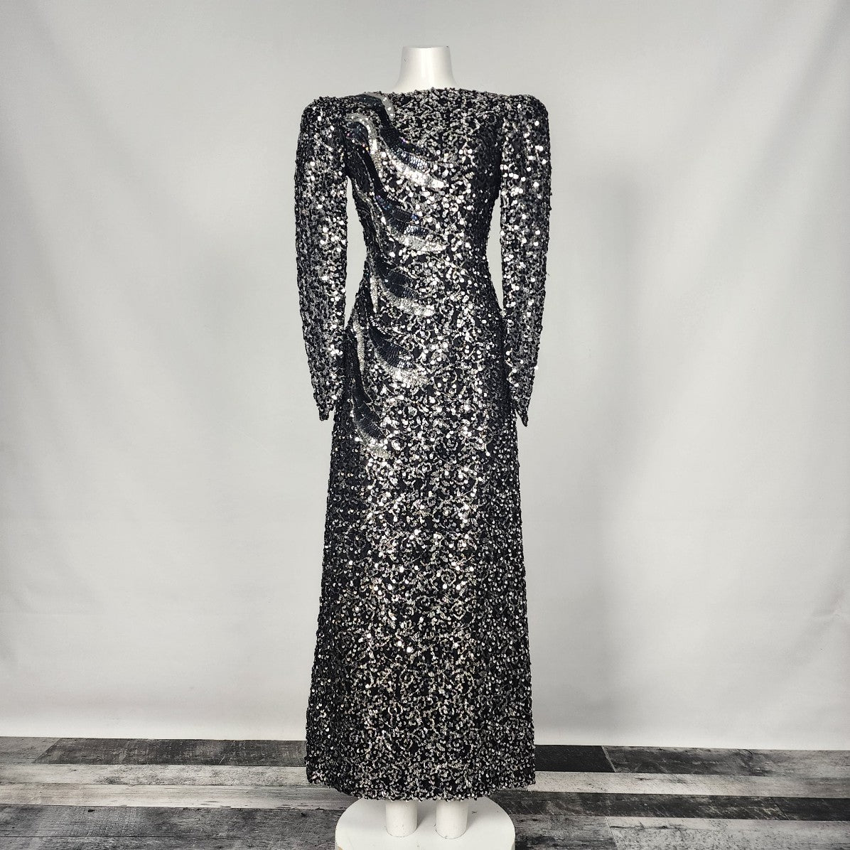 Vintage Black & Silver Metallic Sequined Long Gown Size S