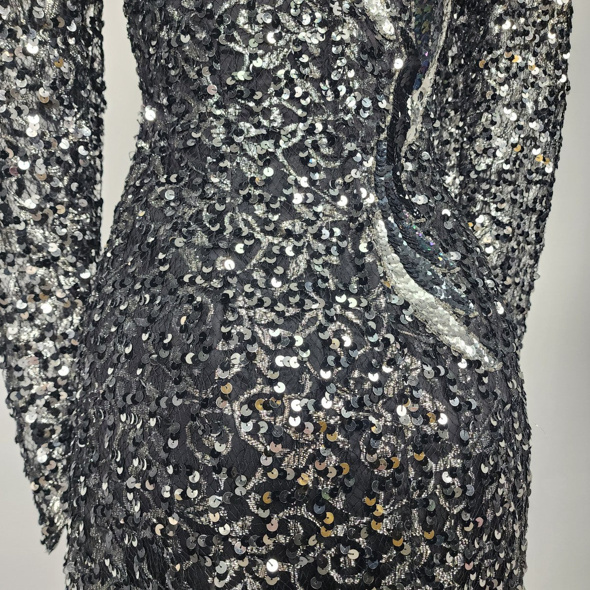 Vintage Black & Silver Metallic Sequined Long Gown Size S