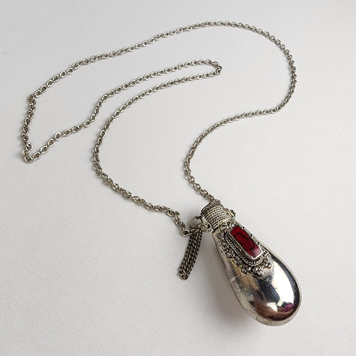 Vintage Boho Silver & Red Perfume Incense Bottle Necklace