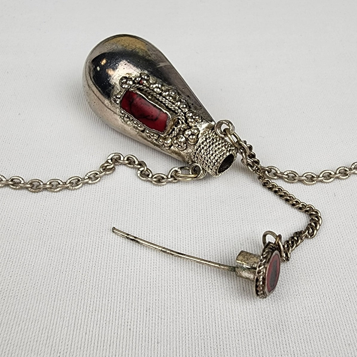 Vintage Boho Silver & Red Perfume Incense Bottle Necklace