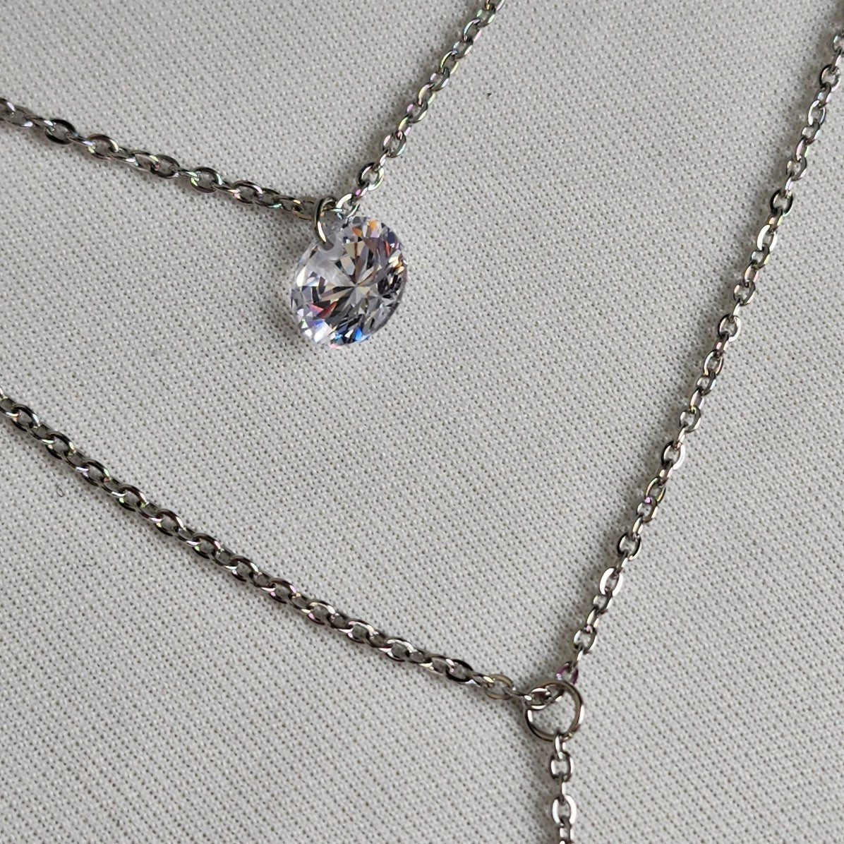 Steel X Stainless Steel Crystal Pendant Layered Delicate Chain Necklace