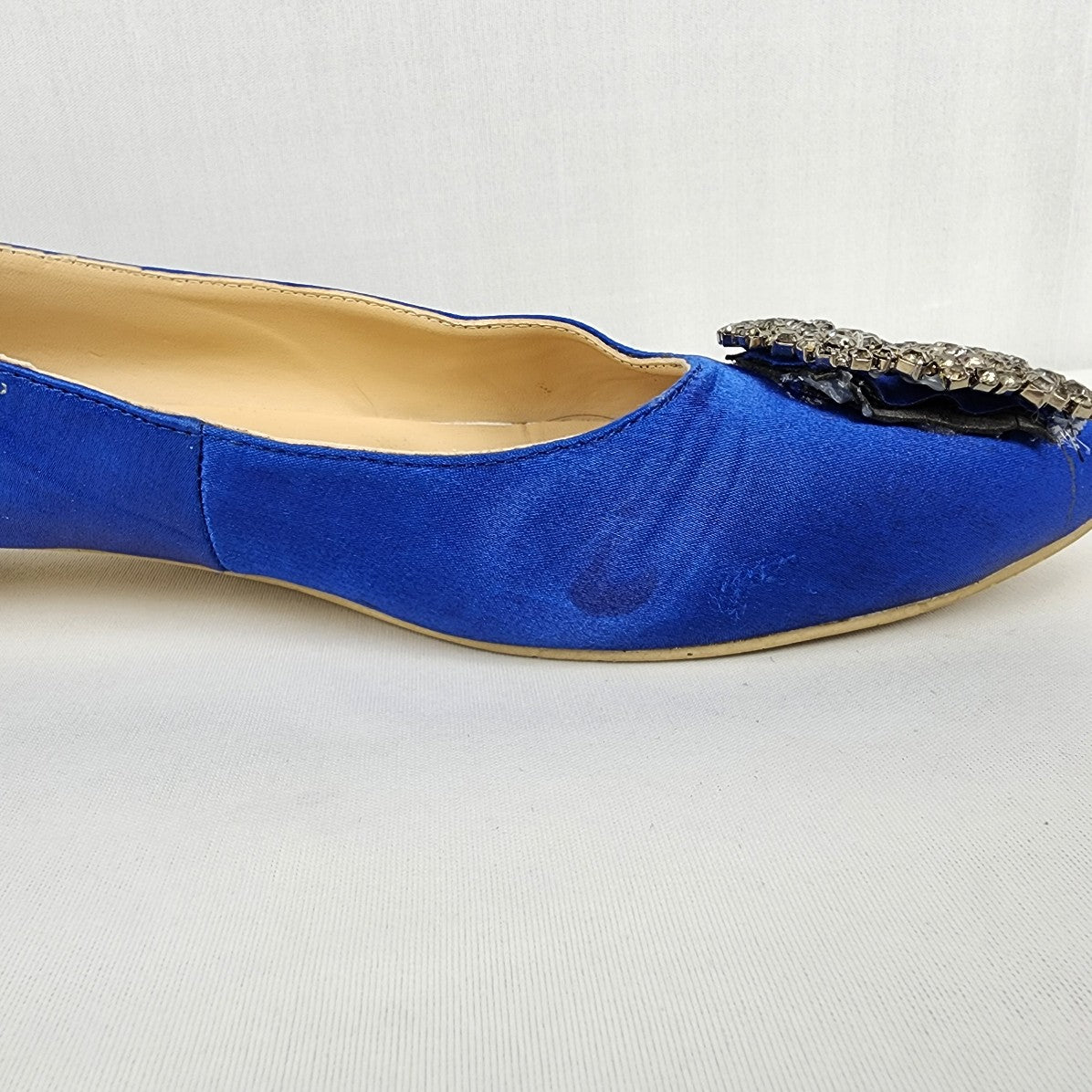 Designer Insprired Blue Satin Rhinestone Buckle Low Heel Shoes Size 8.5