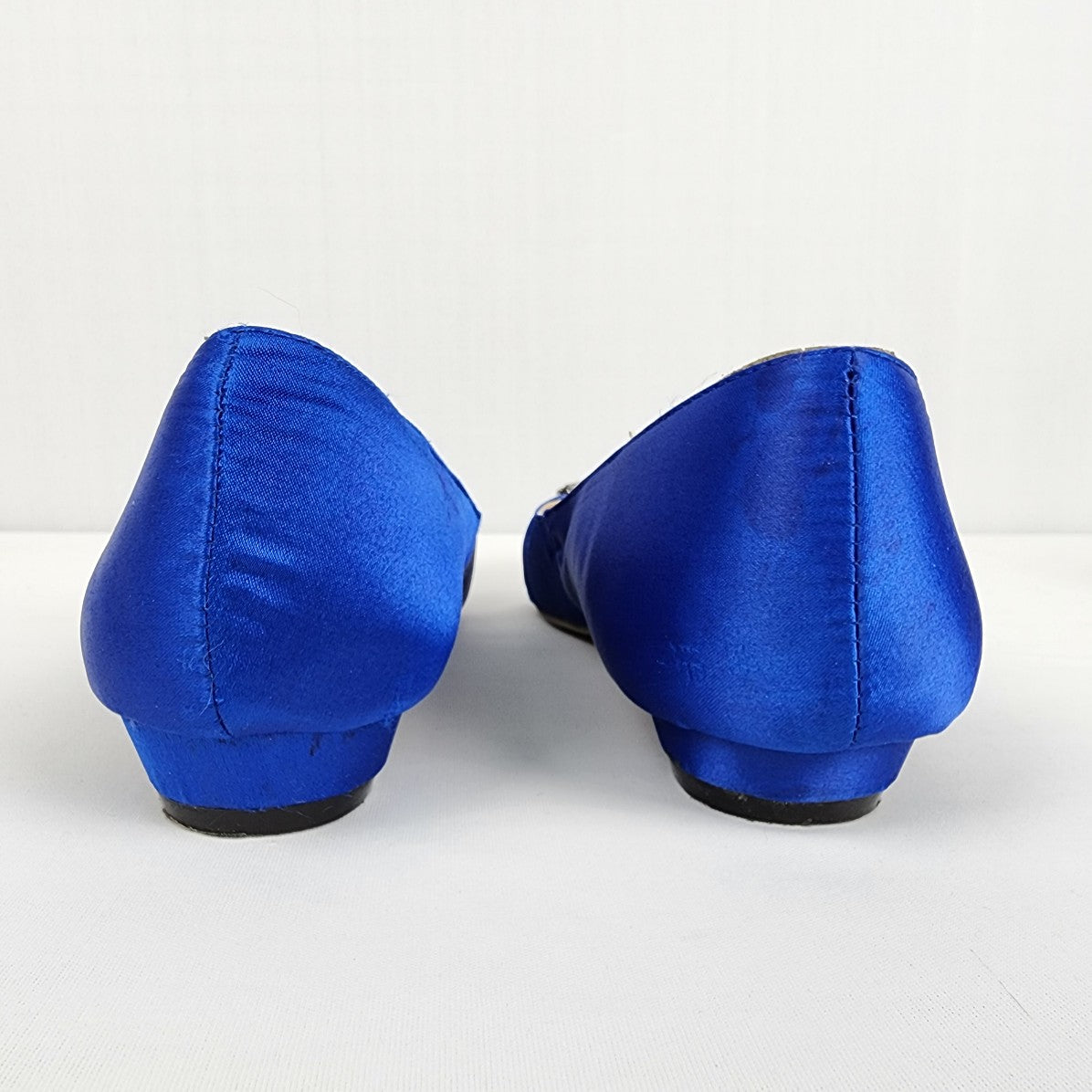 Designer Insprired Blue Satin Rhinestone Buckle Low Heel Shoes Size 8.5