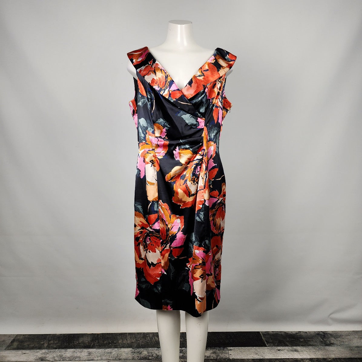 Evan Picone Black & Orange Floral Sleeveless Dress Size 16