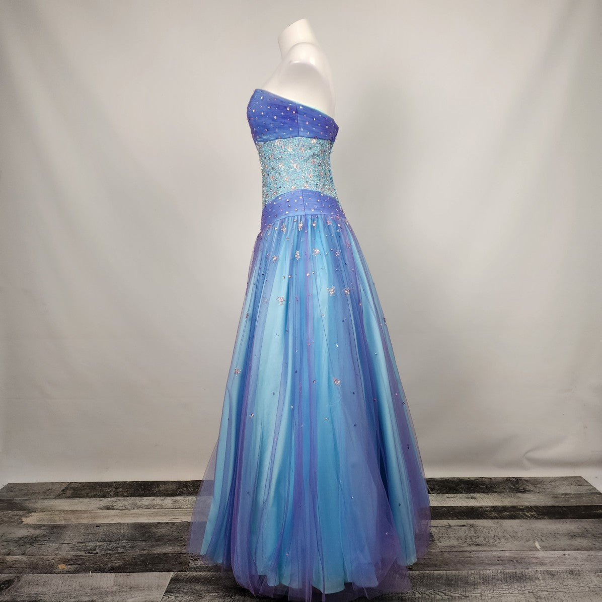 Alfred Angelo Blue Beaded Mermaid Floral Tulle Grad Prom Studded Gown Size S