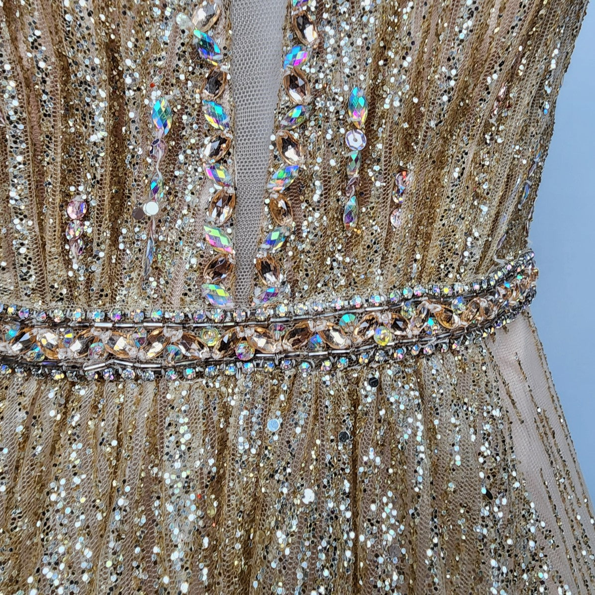 Mori Lee Gold Crystal Glitter Prom Grad Gown Size XS
