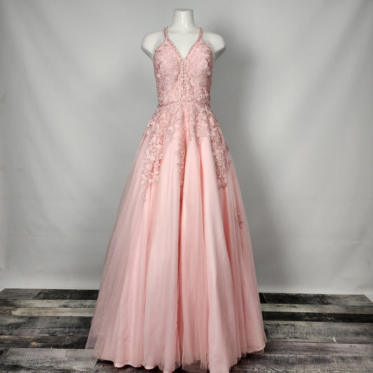 JVN by Jovani Pink Flower Lace Rhinestones Tulle Gown Size M Grad Prom Event