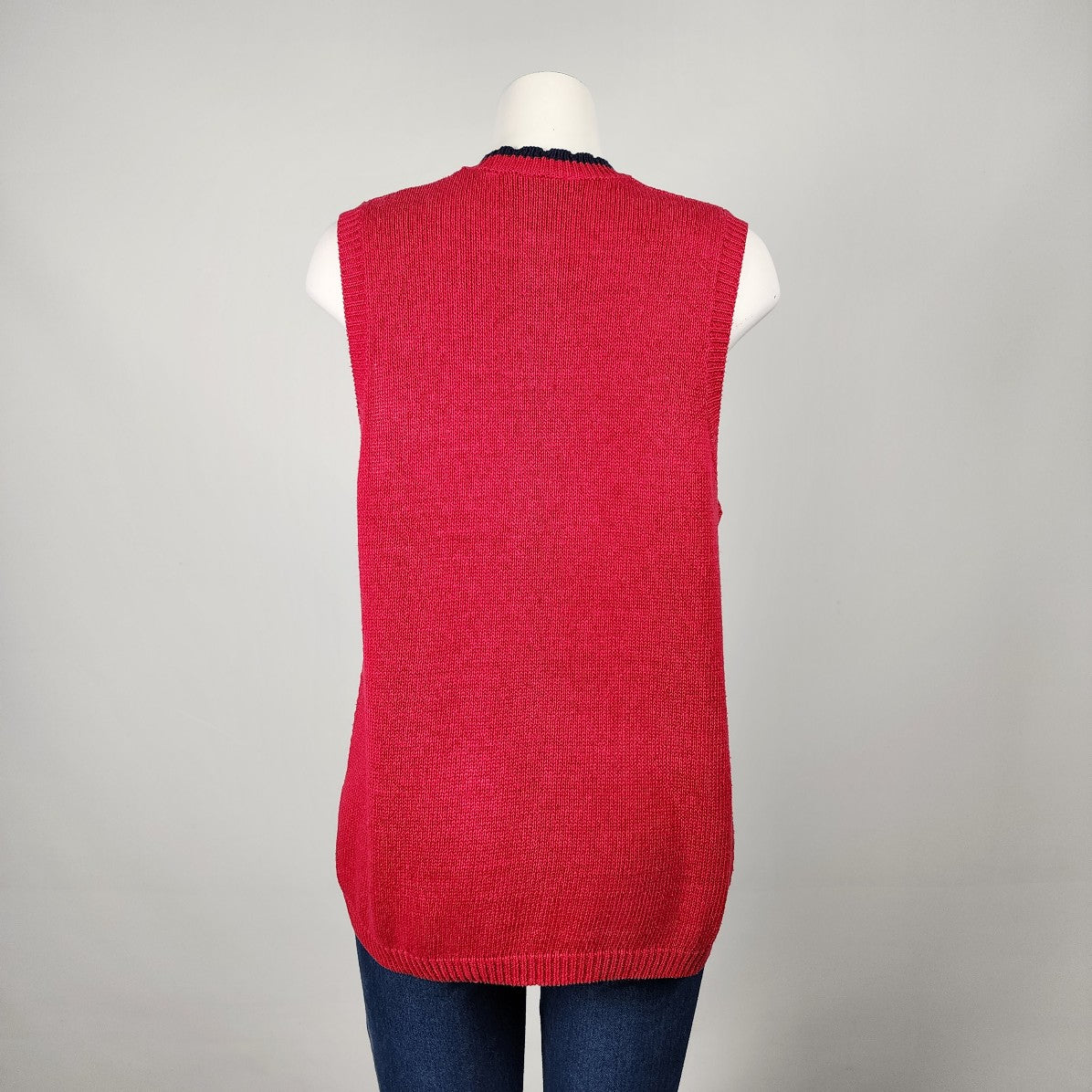 Vintage The Villager Red Cotton Blend Knit Embroidered Floral Vest Size M