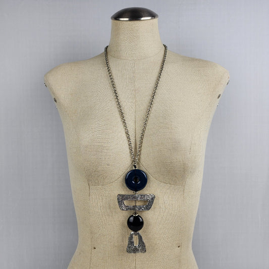 Silver Tone Black & Blue Stones Geometric Statement Necklace
