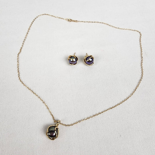 10k Gold Black Pearl Chain Pendant Necklace & Earring Set