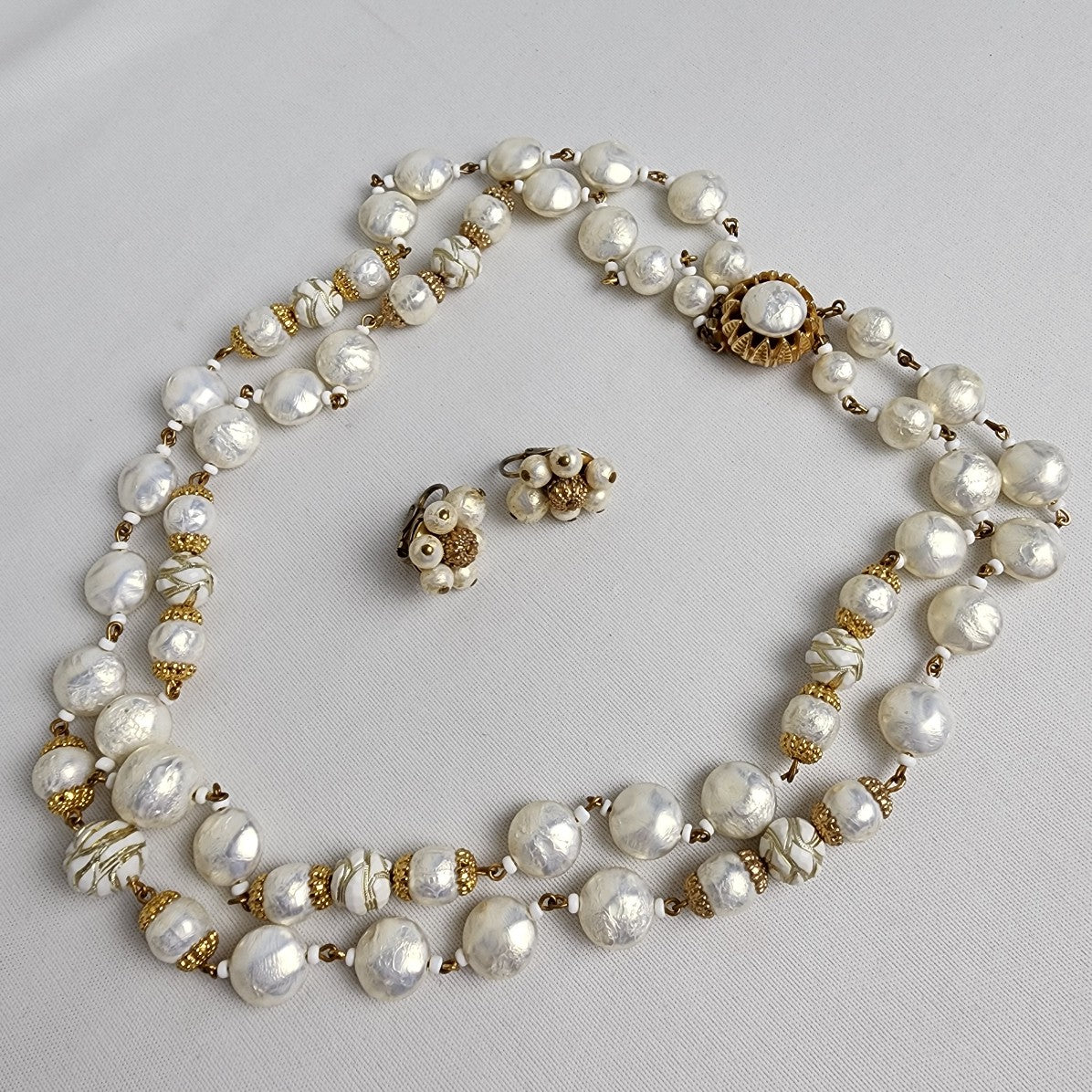 Vintage Metallic White Layered Beaded Necklace Earrings Set