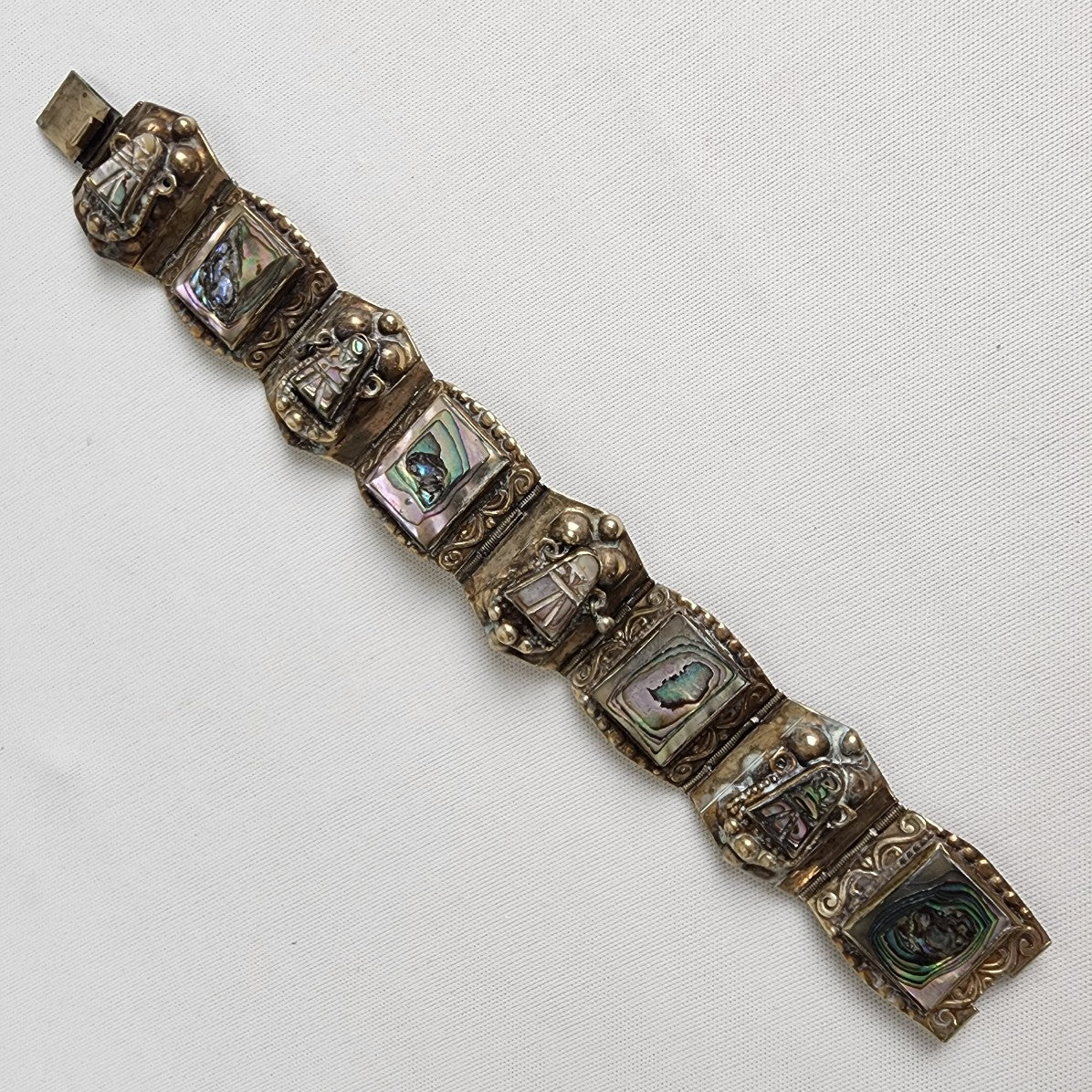 Vintage Mexico Alpaca Sterling Silver Abalone Link Bracelet
