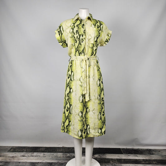 Piazza Del Tempio Green Linen Reptile Print Belted Midi Dress Size M