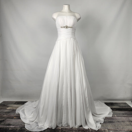 Cocomelody White Pleated Chiffon Rhinestone Detail  Wedding Gown Dress Size S