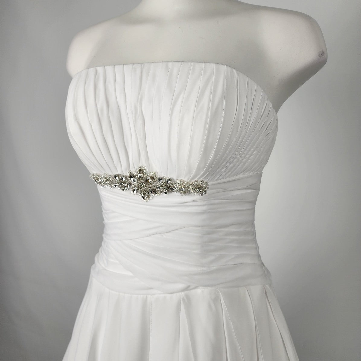 Cocomelody White Pleated Chiffon Rhinestone Detail  Wedding Gown Dress Size S