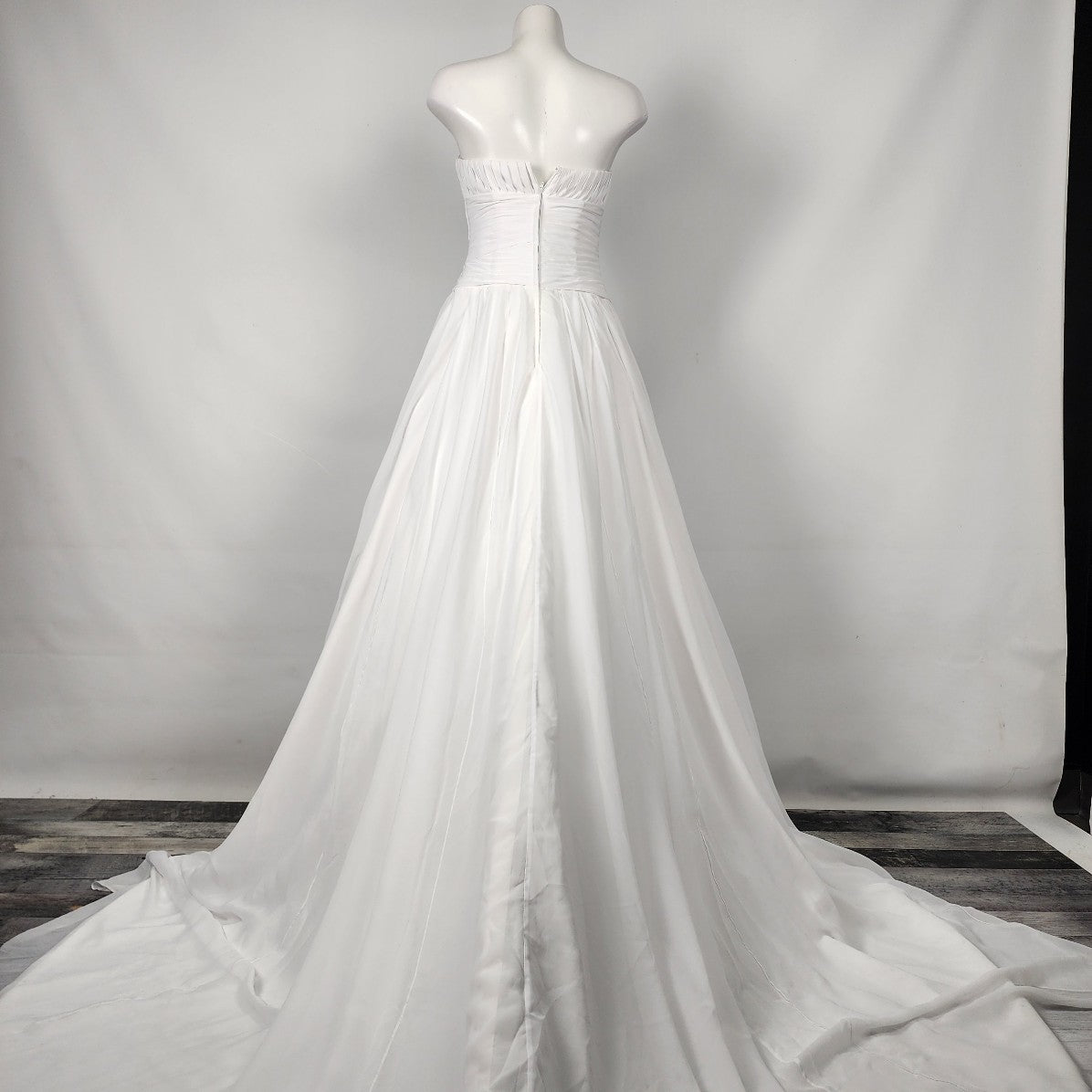 Cocomelody White Pleated Chiffon Rhinestone Detail  Wedding Gown Dress Size S