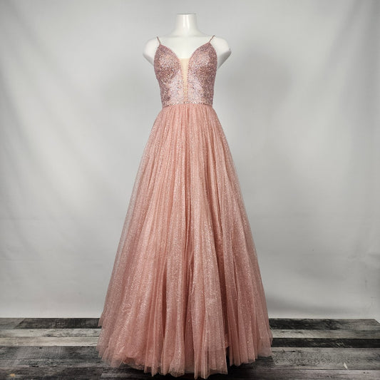 Morilee by Madeline Gardner Pink Rhinestone Glitter Tulle Gown Size S