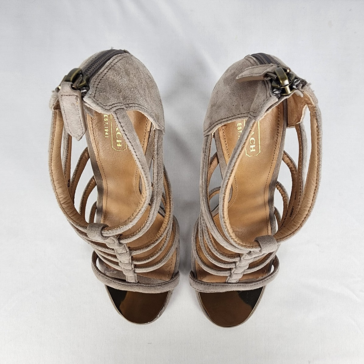 Coach Grey Suede Strappy Heeled Sandals Size 8.5