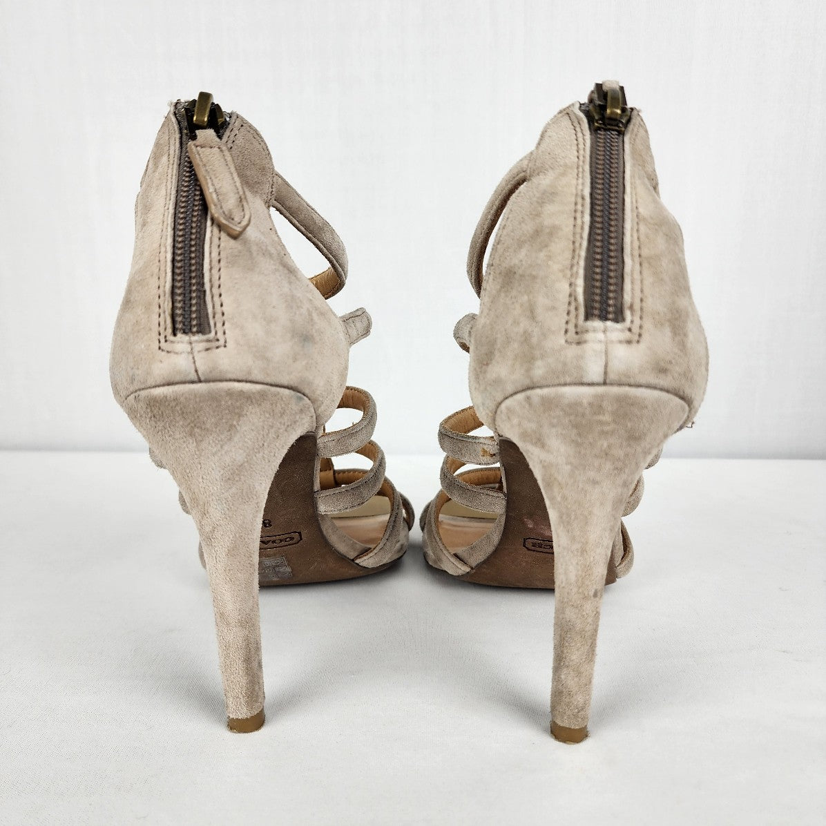 Coach Grey Suede Strappy Heeled Sandals Size 8.5