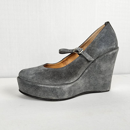 Handmade In Greece Grey Suede Wedge Platform Mary Jane Shoes Size 9