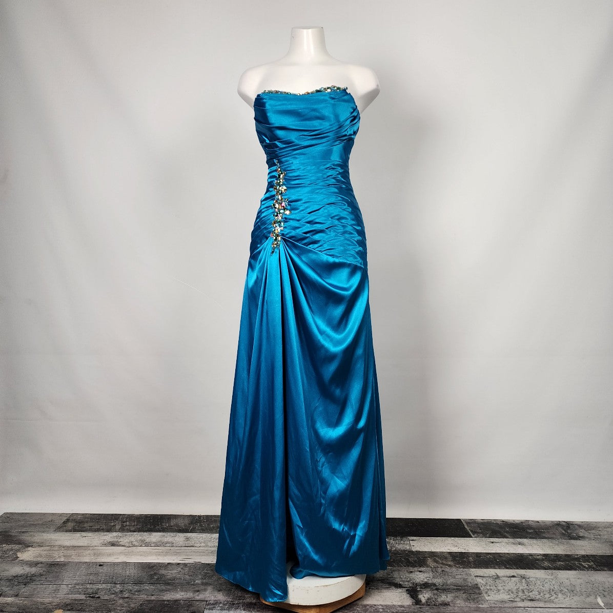 Tony Bowls Blue Satin Beaded Crystal Ruffle Dress Size 4