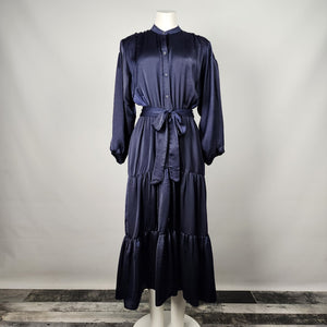Dress Forum Blue Silky Ruffle Skirt Belted Dress Size S