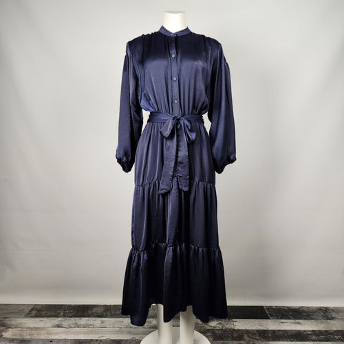 Dress Forum Blue Silky Ruffle Skirt Belted Dress Size S
