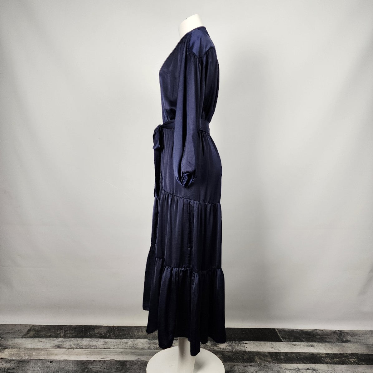 Dress Forum Blue Silky Ruffle Skirt Belted Dress Size S
