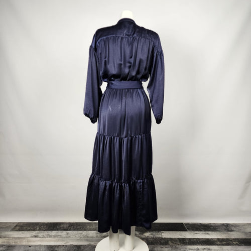 Dress Forum Blue Silky Ruffle Skirt Belted Dress Size S