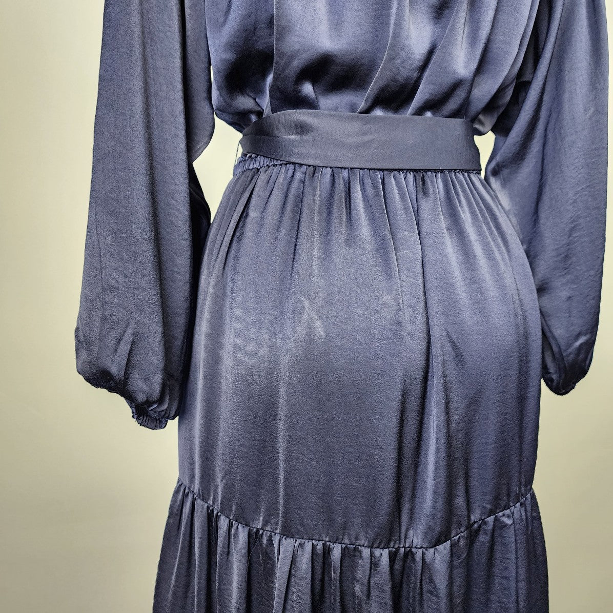 Dress Forum Blue Silky Ruffle Skirt Belted Dress Size S
