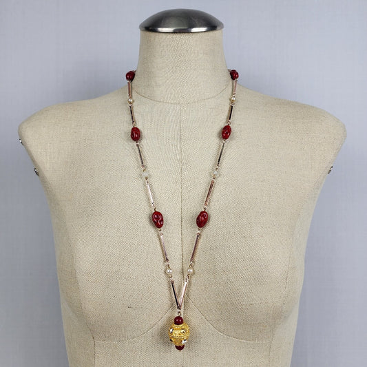 Vintage Gold Pendant Red Beaded Long Necklace