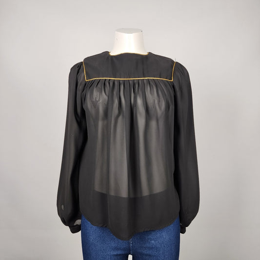 Vintage Arpeges Black Sheer Long Sleeves Blouse Top Size M