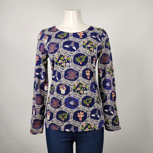 White Stuff Blue Floral Print Cotton Long Sleeve Top Size 6