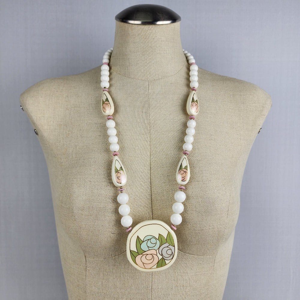 Vintage Japan Ceramic White Beaded Necklace Hand Painted Floral Necklace
