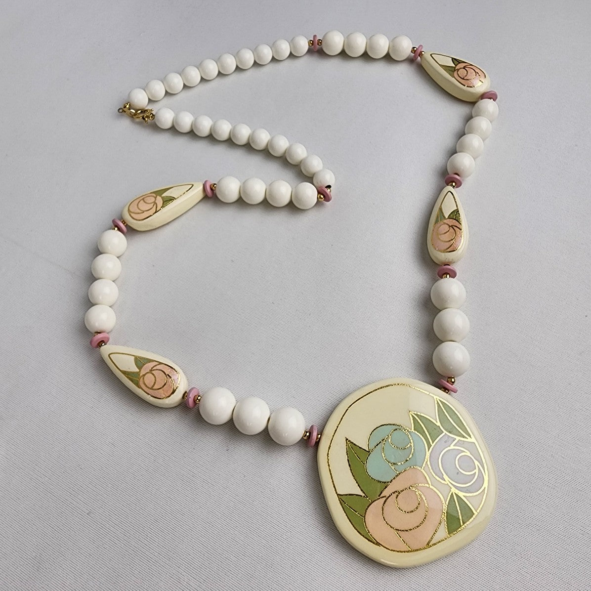 Vintage Japan Ceramic White Beaded Necklace Hand Painted Floral Necklace