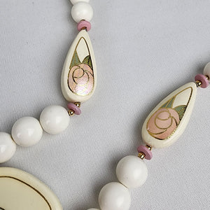 Vintage Japan Ceramic White Beaded Necklace Hand Painted Floral Necklace