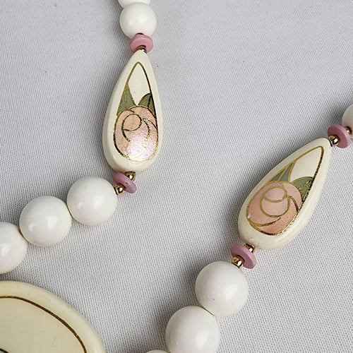 Vintage Japan Ceramic White Beaded Necklace Hand Painted Floral Necklace