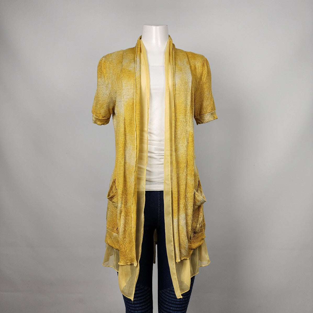 Simon Chang Yellow Linen Blend Layered Belted Cardigan Size M/L