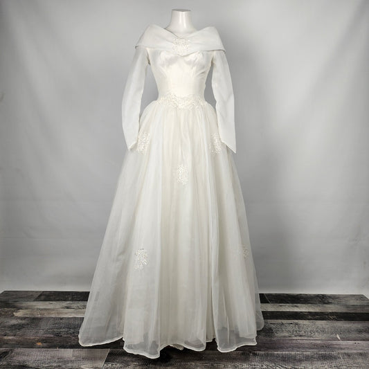 Vintage Portrait Gown White Beaded Tulle Wedding Dress Size XS