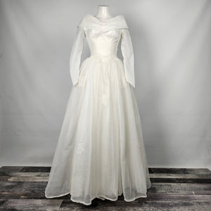 Vintage Portrait Gown White Beaded Tulle Wedding Dress Size XS