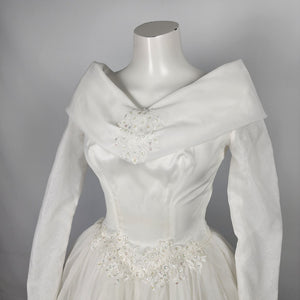 Vintage Portrait Gown White Beaded Tulle Wedding Dress Size XS
