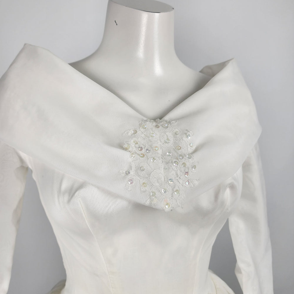 Vintage Portrait Gown White Beaded Tulle Wedding Dress Size XS