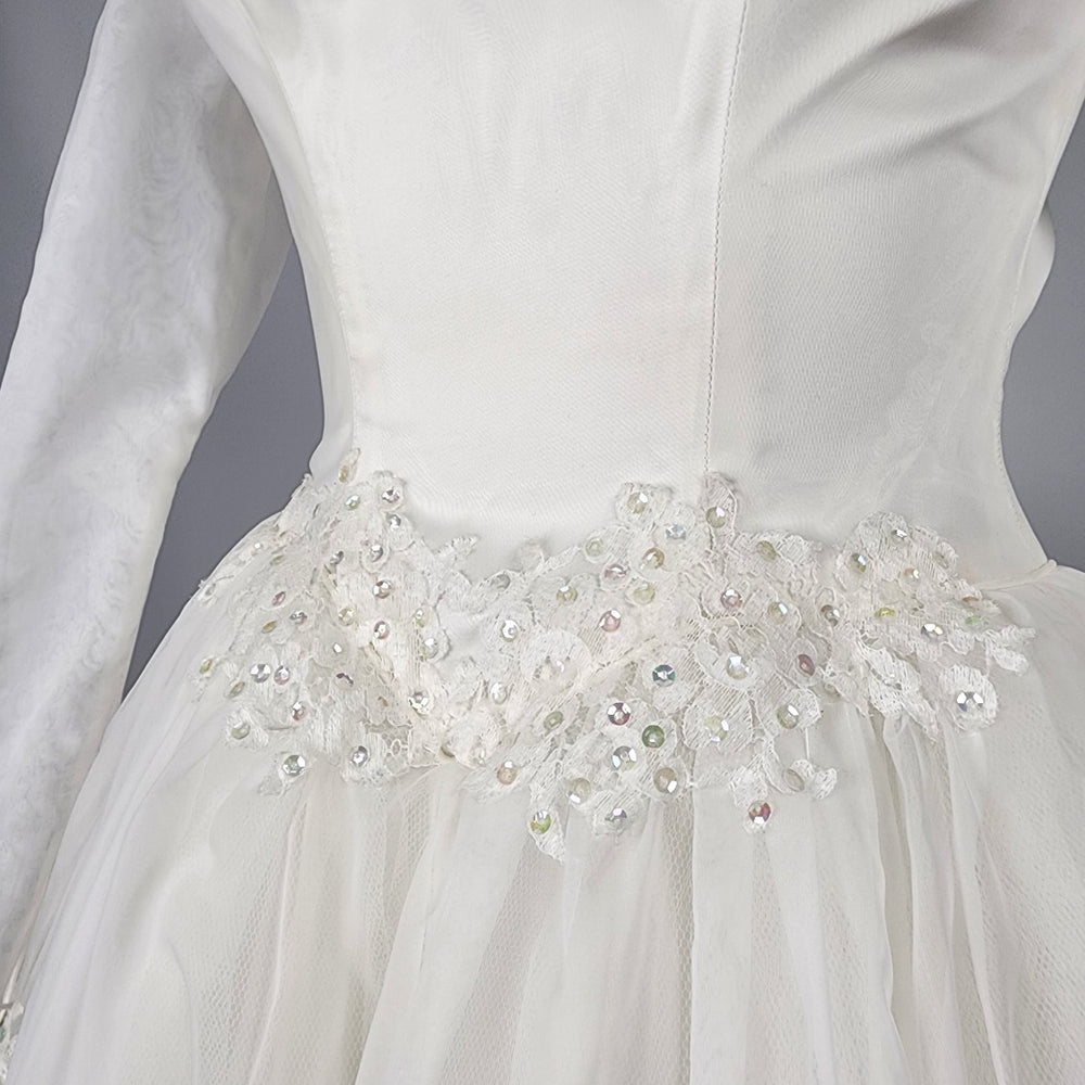 Vintage Portrait Gown White Beaded Tulle Wedding Dress Size XS