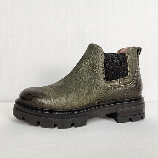 Mjus Olive Green Leather Rubber Clunky Sole Boots Size 5