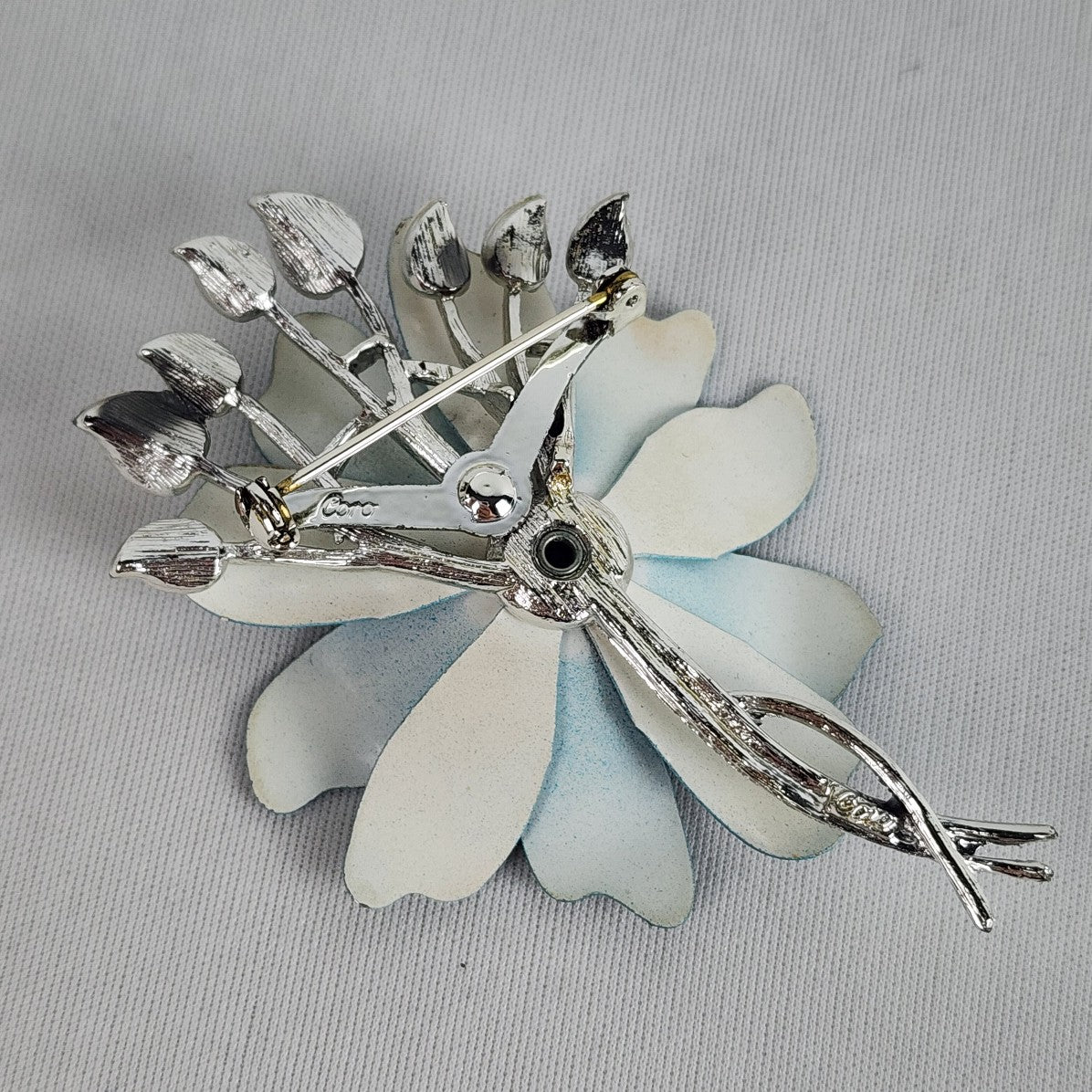 Vintage Coro Silver Tone Blue Enamel Flower Brooch & Clip On Earring Set