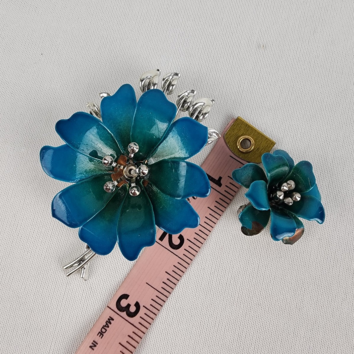 Vintage Coro Silver Tone Blue Enamel Flower Brooch & Clip On Earring Set